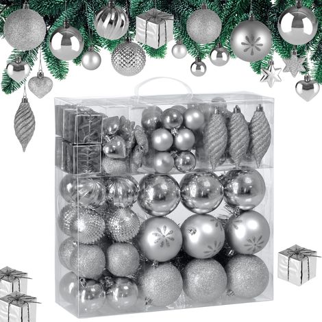 CASARIA® Christmas Tree Baubles Set  103 Pieces  Hanging Balls, Decoration Stars, Cones, Bells  Ornaments for Indoor and Outdoor  Glossy, Glittery and Matt Finish  Silver (1/9)