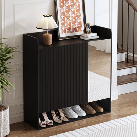 Meuble à chaussures à structure noire rayée verticalement, avec miroir pleine longueur pour entrée, étagère multi-niveaux grande capacité. (1/5)