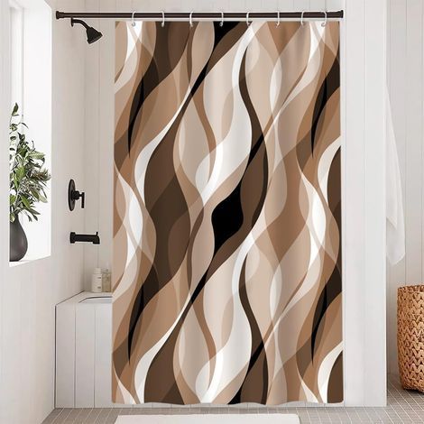 Rideau Douche Anti Moisissure, Rideau de Douche Brun Abstrait Rayures Khaki Rayé Rideaux de Baignoire Tissu Imperméable Lavable Polyester Rideaux Salle de Bain avec 8 Crochets 120x180cm (1/5)