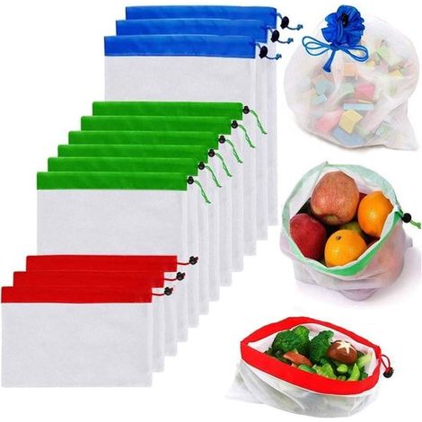 Riutilizzabili - sacchetti a rete per frutta e verdura - per la freschezza del tuo frigorifero, cibo, frutta, verdura - verde - rosso - blu - lavabile (1/5)
