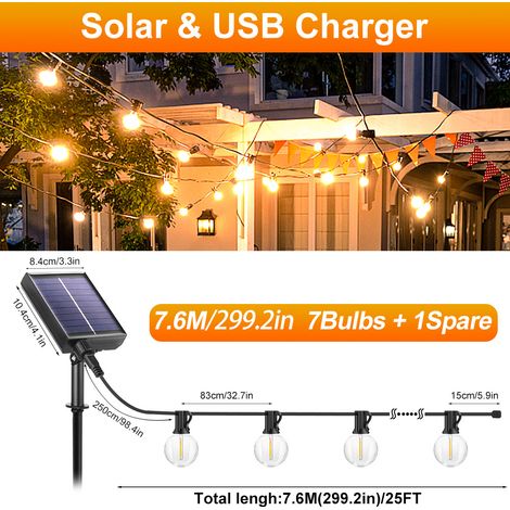 Guirlande lumineuse solaire à LED d'extérieur - 7,6 m - 7 lumières 25FT[Modèle solaire] Décoration de jardin, de mariage, de balcon [Classe énergétique A]
