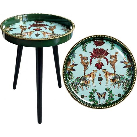 Table d'appoint avec plateau supérieur amovible – Petite table d'appoint légère et portable pour salon, table de chevet, coin lecture – Table léopard vert, plateau de 33 cm (léopard vert) (1/5)