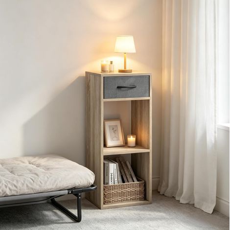 Estantería cúbica 32x30x94.5 cm gris y roble claro en madera engineered con cajón y 2 compartimentos abiertos (1/5)