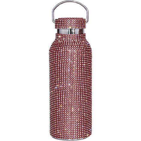 Isolierte Edelstahl-Trinkflasche mit Strasssteinen verziert, rot, 100% neu.