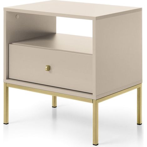 Comodino, beige sabbia, 53,6 x 56,2 x 39 cm, gambe dorate (1/5)