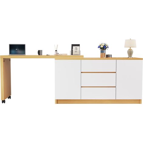 ELVMI Escritorio Plegable de esquina con 2 Puertas y 3 Cajones, Tablero Giratorio 360°, Ruedas, Oficina, 120 x 50 x 76.5 cm (1/5)