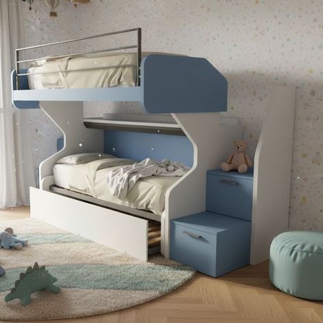 Letto a castello scorrevole con letto estraibile - La soluzione 3 in 1 per la cameretta - Bianco e Avio