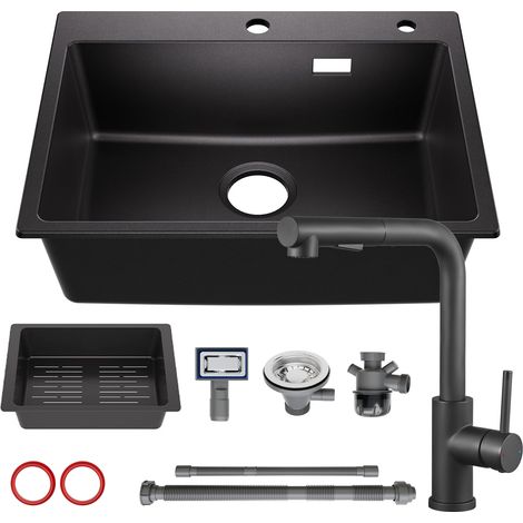 Sofetiy Max Évier en granit 60 × 45 cm, évier de cuisine en résine avec mitigeur extractible, évier à poser incluant panier d'égouttage et siphon (1/5)