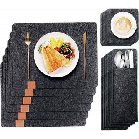Sets de table en feutre de style américain, lot de 18, dessous de verre lavables et porte-couverts gris foncé pour tables, bars et cuisines. (1/5)