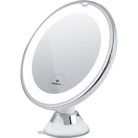 EMKE Specchio da barba ingranditore 5X con luce, specchio da viaggio a LED con supporto a ventosa di bloccaggio  girevole a 360°  luce fredda  batteria, portatile illuminato per il bagno