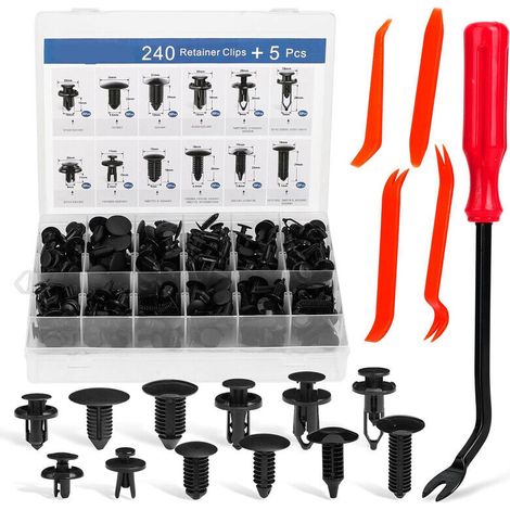 240 clip per paraurti, clip per auto, rivetti in plastica, 12 misure comuni e 5 strumenti per la rimozione di elementi di fissaggio, kit di fissaggio auto-pressanti, kit di rivetti a perno. (1/4)