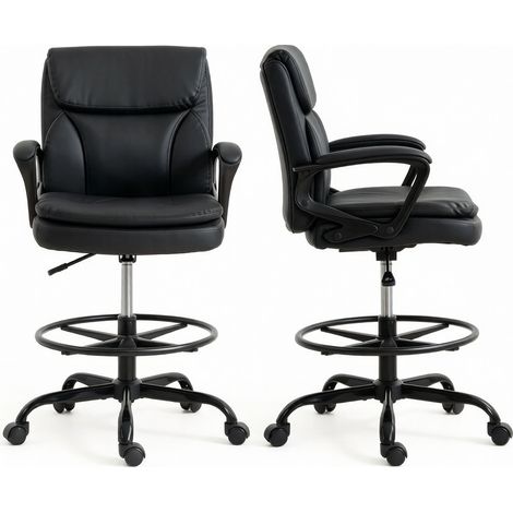 Silla de oficina ergonómica giratoria con reposapiés y ruedas, color negro (1/5)