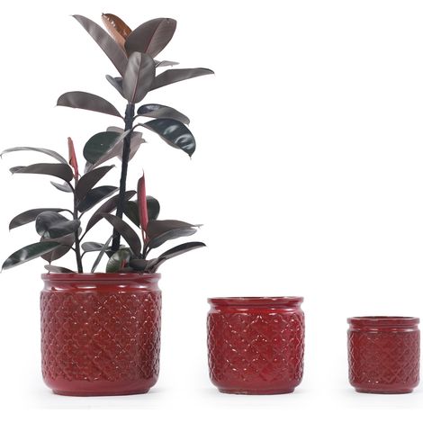 Lot de 3 pots de fleurs en céramique vernissée rouge bordeaux, relief géométrique, 38/30,5/23 cm, pour balcon, terrasse, jardin et intérieur élégant CHICFURN (1/5)