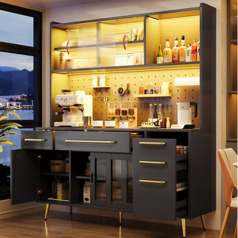 Aparador alto 145x39x171 cm de MDF, vidrio y metal negro con LED y almacenaje - MEUBLIV (1/5)