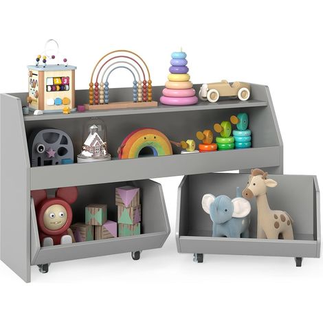 COSTWAY Bibliothèque Enfant Montessori avec 2 Tiroirs à roulettes, Gris (1/5)
