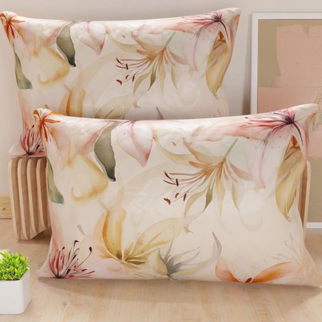 Lot de 2 Taies d'Oreillers 50x70 cm 100% Microfibre Hypoallergénique, Housse Oreiller Rectangulaire Motif Floral Rose Beige, Paquet de 2
