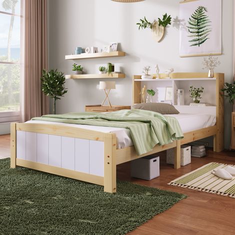 Cadre de lit en pin massif 90x200 cm avec tête de lit coffre, sommier fourni, literie enfant/adolescent blanc et naturel (matelas inclus)