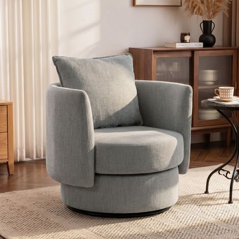 Fauteuil d'appoint pivotant à 360°, fauteuil club de détente en lin avec coussin gris clair (1/4)
