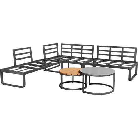 Set di mobili da giardino grigio in ferro con 2 tavolini impilabili e cuscini (1/5)