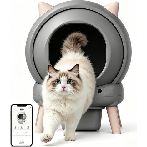 Litière Chat Autonettoyante XXL 65L Connectée WiFi, Maison de Toilette Automatique avec Capteurs Sécurité, Anti-Odeurs, gris (1/5)