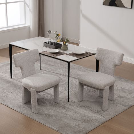 Set di 2 sedie da pranzo in chenille con schienale curvo e gambe in legno, stile moderno, beige (1/5)