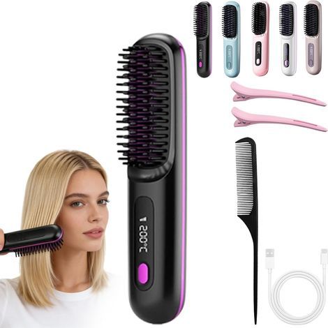 Brosse Chauffante Cheveux Court,Lissante Rechargeable Portable, 3 Températures Réglables , Un Volume Coiffe en 2 Minutes,Brosse Coiffante Portable Et Rechargeable Pour Voyage Et Usage Quotidien (1A) (1/5)