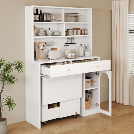 Ensemble armoires cuisine blanc avec table pliante et table bar, meuble haut rangement pour cuisine salon salle à manger