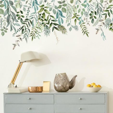 Stickers Muraux Artistiques à Motifs de Feuilles de Plantes Vertes Grand Autocollant de Papier Peint Décoratif Style Aquarelle Stickers Muraux en Forme de Feuilles pour Chambre Décoration (1/5)
