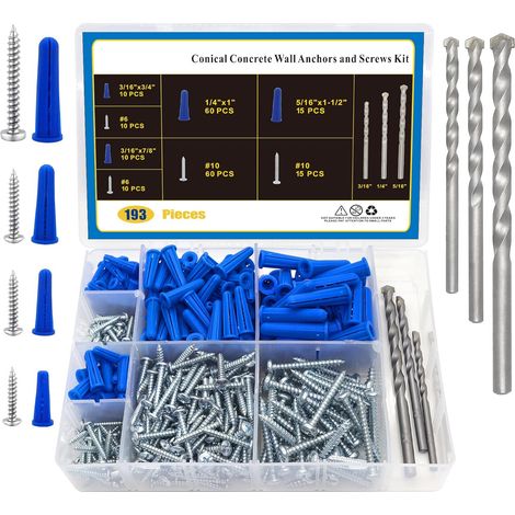Coffret de visserie 190 pièces – Assortiment de vis à placo, vis pour plaques de plâtre, vis autotaraudeuses et vis à bois avec chevilles murales coniques, en acier carbone, tête bombée cruciforme, cl (1/4)