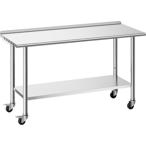 VEVOR Table de Travail Cuisine Professionnelle, Table Centrale Inox 152,4x61 cm 2 Niveaux, pour Preparation Cafe Hotel Restaurant, Poste de Travail en Acier Inoxydable sur Roulettes, avec Dosseret (1/5)