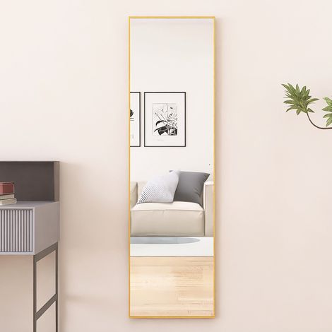 Eifson – Miroir sur pied 140x40 cm – Miroir de sol rectangulaire en verre flotté HD – Cadre en métal doré – Installation au sol ou mural