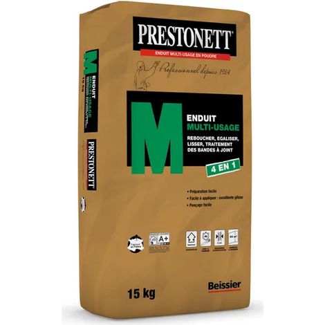 Prestonett – Enduit de lissage intérieur 15kg – Multi-usage pour béton, plâtre et briques – Application jusqu'à 2cm d'épaisseur – Finition mate et ponçable