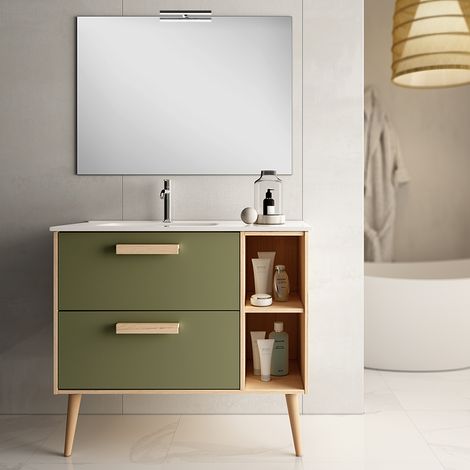 Meuble de salle de bain 80cm vasque déportée - 2 tiroirs - vert olive - MALIA (1/5)