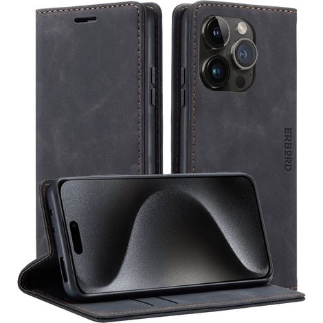 Funda para iPhone 15 Pro Max, cartera Erbord Vintage con solapa, negra. (1/5)