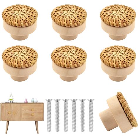 Lot de 6 boutons de meubles en rotin style bohème, poignées de tiroir en bois, avec 6 vis pour meubles, armoires, placards et tiroirs, décoration int (1/5)