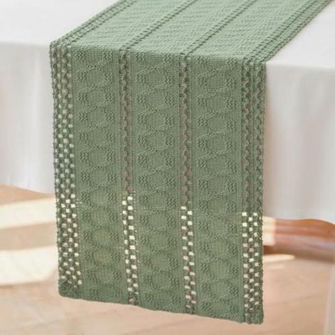 Boho-Tischläufer aus Makramee in Salbeigrün, 30 x 240 cm, aus Baumwoll-Leinen-Mischgewebe, ideal als Tischdekoration für Hochzeiten im böhmischen Landhausstil, moderne, waschbare Tischdecke für rustik (1/4)