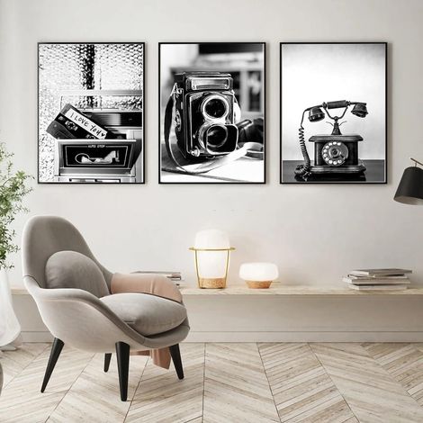 Poster 3er Wanddeko Wohnzimmer Schwarz Weiss Vintage 50x70cm (1/5)