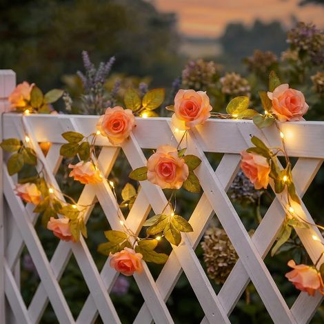 Guirlande lumineuse rose 2,2m, 40 LED lierre artificiel à fleurs orange-rouge, 8 modes, sur batterie, pour intérieur, jardin, balcon (1/5)