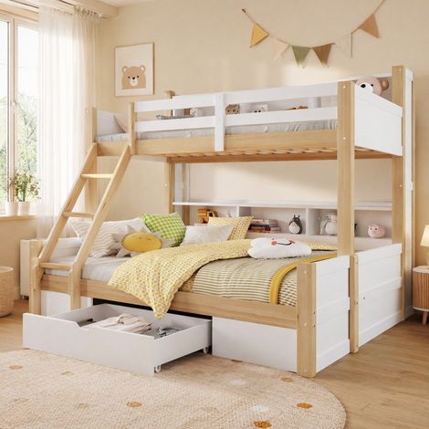 Letto a castello per bambini 90x200 + 140x200 cm in pino con LED, scala, cassetto e vano (1/5)