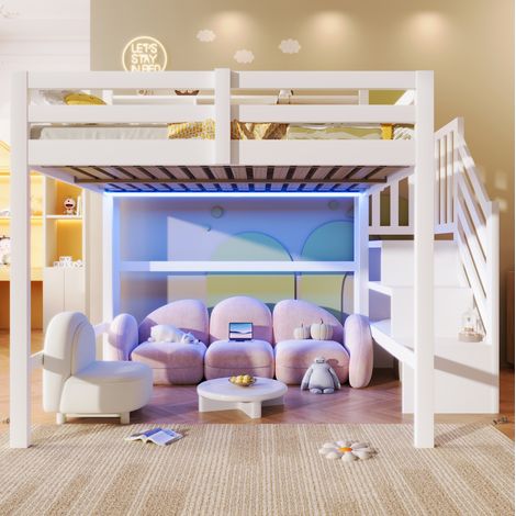 Lit mezzanine moderne 140x200 cm en pin et MDF blanc, avec LED, escalier de rangement et étagères ouvertes (1/5)