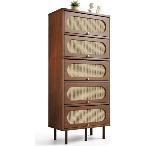 Armoire de rangement colonne couleur noyer avec tiroirs en rotin naturel fermeture magnétique dimensions 80×40×163cm pieds métalliques surélevés pour chambre salon et couloir domestique (1/5)