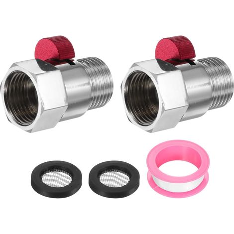 Lot de 2 robinets d'arrêt de douche G1/2" femelle x mâle, vanne de contrôle du débit d'eau en laiton pour pommeau de douche avec limiteur de débit de tuyau, rouge (1/5)