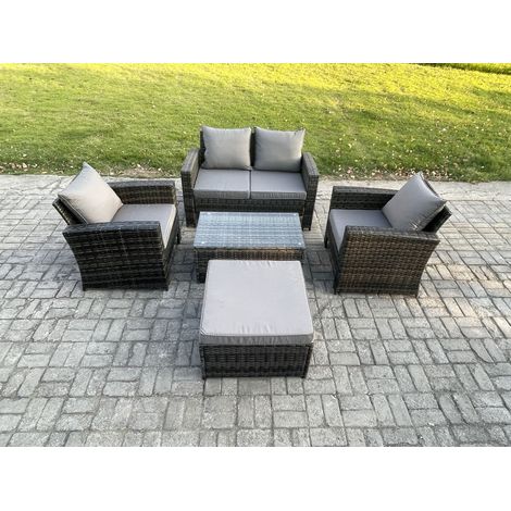 Fimous Outdoor Lounge Sofa Set Wicker PE Rattan Garden Furniture Set with Rectangular Coffee Table Double Seat Sofa Big Footstool Dark Grey Mixed (1/5)