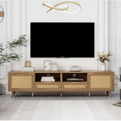 Mueble TV 200 x 37 x 49 cm estilo ratán trenzado, color roble, 2 puertas y 2 cajones DESVIAE (1/5)