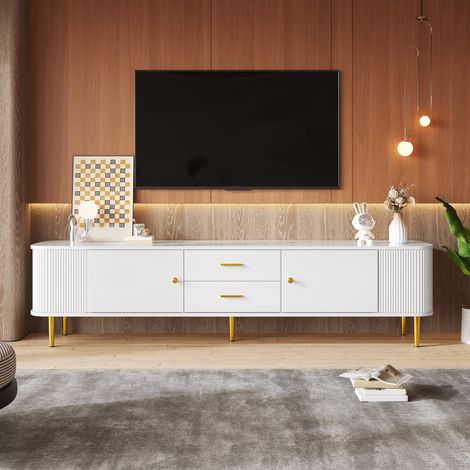 Meuble TV 170x34x45 cm avec tiroirs, angles arrondis, côtés ondulés, poignées et pieds dorés, pour TV 70-79 pouces, MDF, Blanc (1/5)