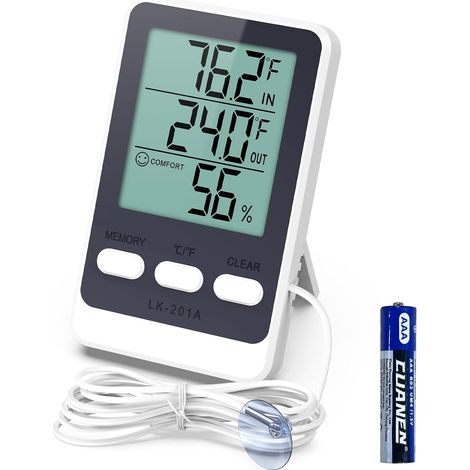 Thermomètre Frigo, Thermometre Digital pour Réfrigérateur, Thermometre Congelateur avec Sonde Étanche de 1.5M, MIN/MAX, Thermomètre Hygromètre pour Aquarium, Serre, Labour