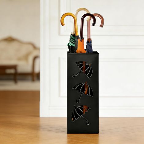 Porte-parapluie carré en métal - Design moderne - Pour parapluies, bâtons de marche, bâtons de trekking - Noir (1/5)