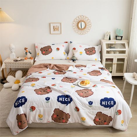 Couette d'été légère en coton lavable, motif ours pudique, confort moelleux, dimensions 200x230cm, lavable en machine (1/5)