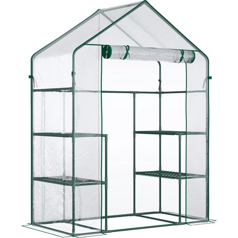 Serre/chambre froide à trois niveaux avec deux portes, en bois et polycarbonate, résistante aux intempéries, chaque niveau peut supporter jusqu'à 15. (1/5)