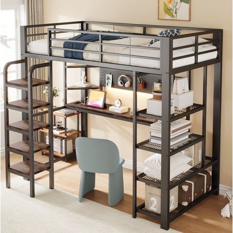 Hochbett 90x200 cm schwarz aus Metall und Holz mit LED-Beleuchtung, Schreibtisch, Steckdosen und Regal (1/5)